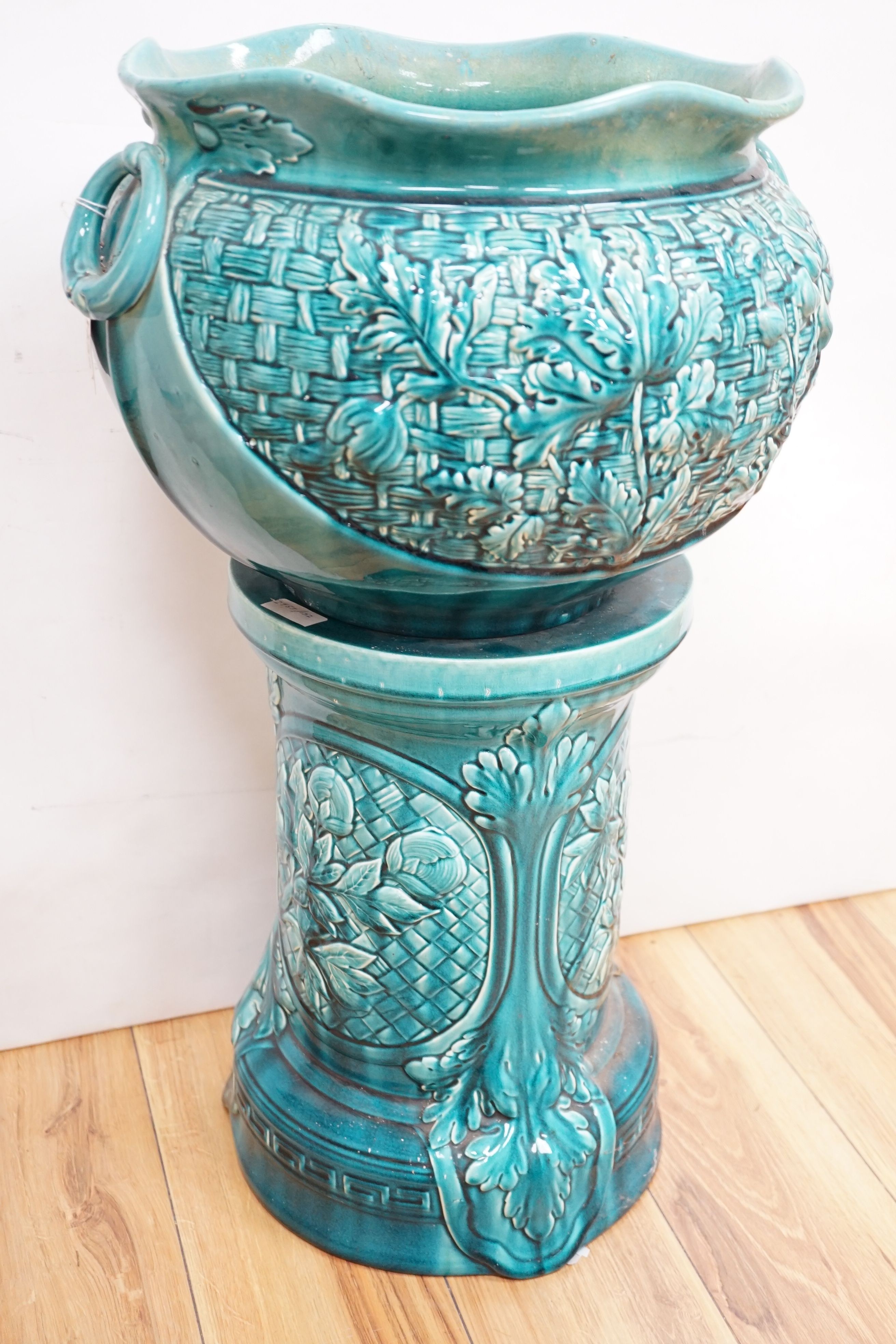A Bretby turquoise-glazed jardiniere on pedestal 74cm